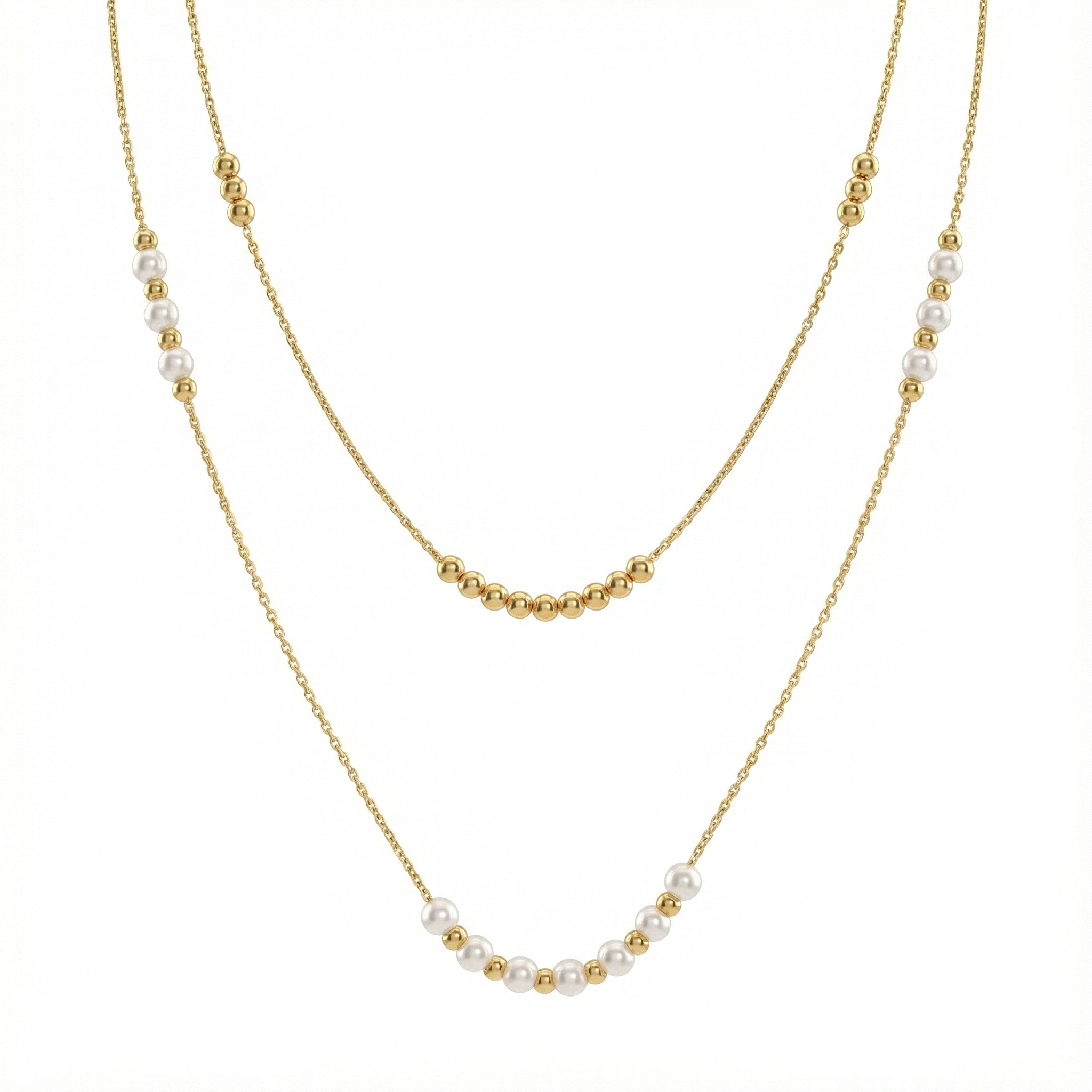 Collier double rang perles blanches et billes dorées en acier inoxydable